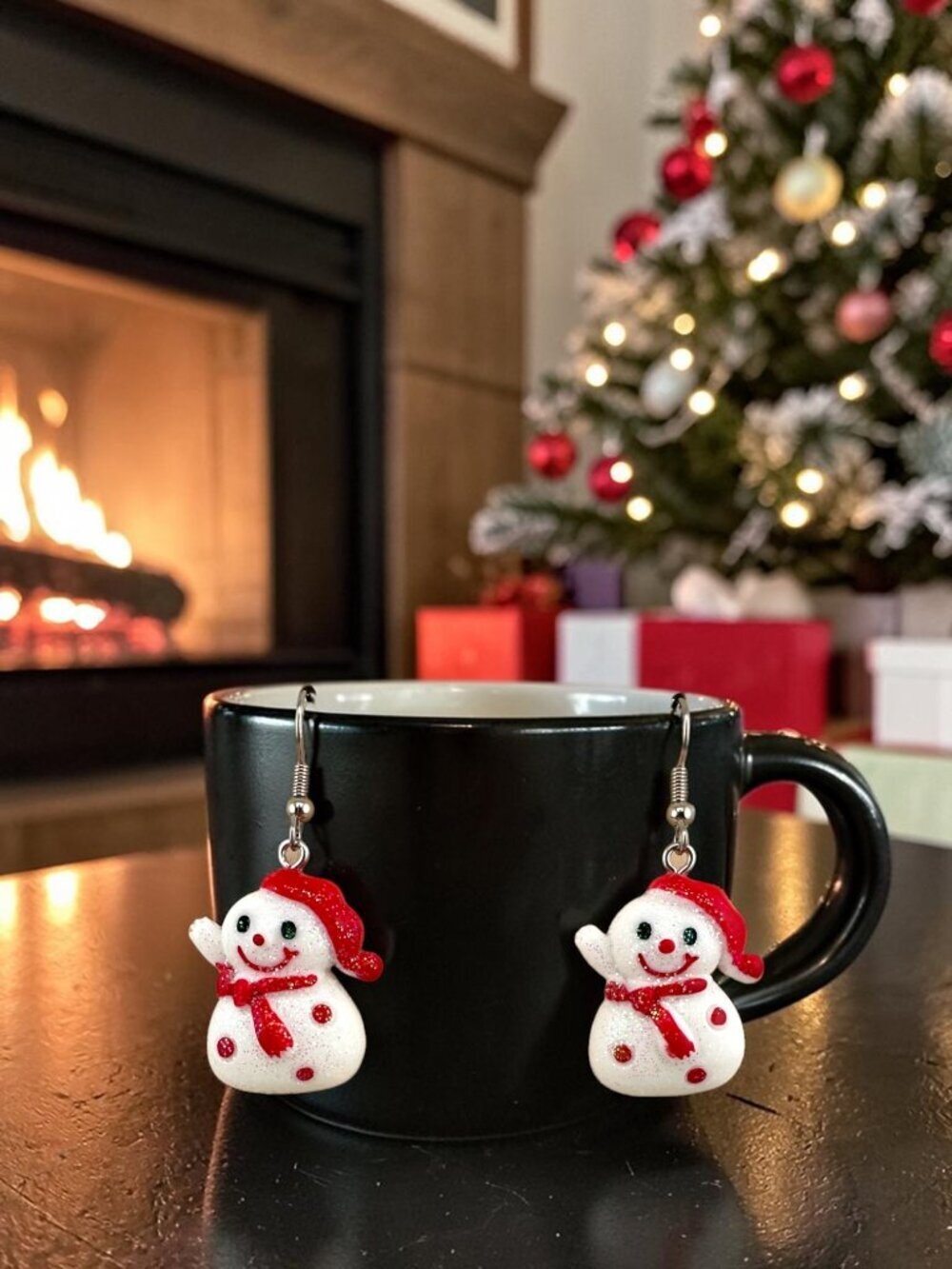 Christmas Snowman Earrings Glitter Holiday Dangle Surgical Steel 2" Drop